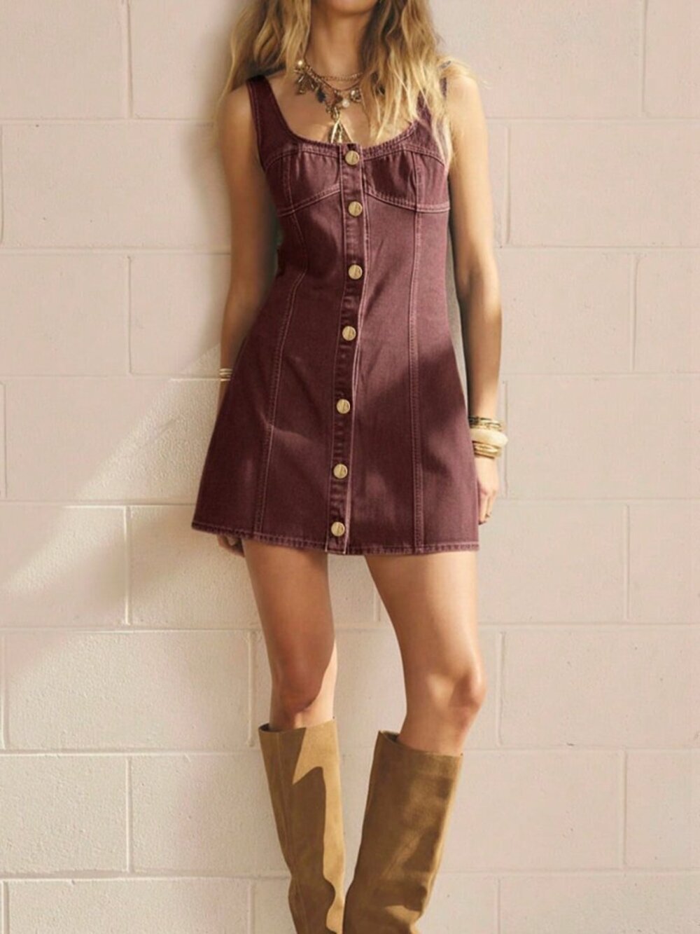 Burgundy Casual Women's Button Front Bodycon Square Neck Denim MiniDress - Picture 4 of 9